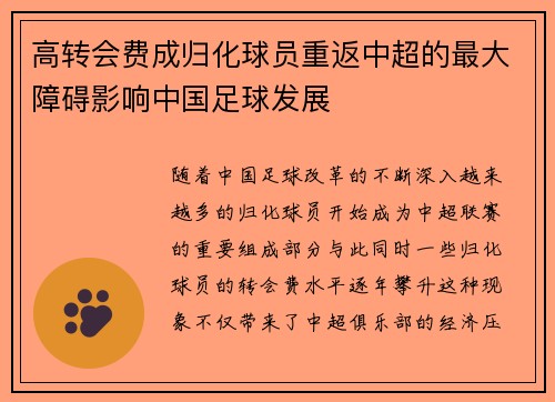 高转会费成归化球员重返中超的最大障碍影响中国足球发展